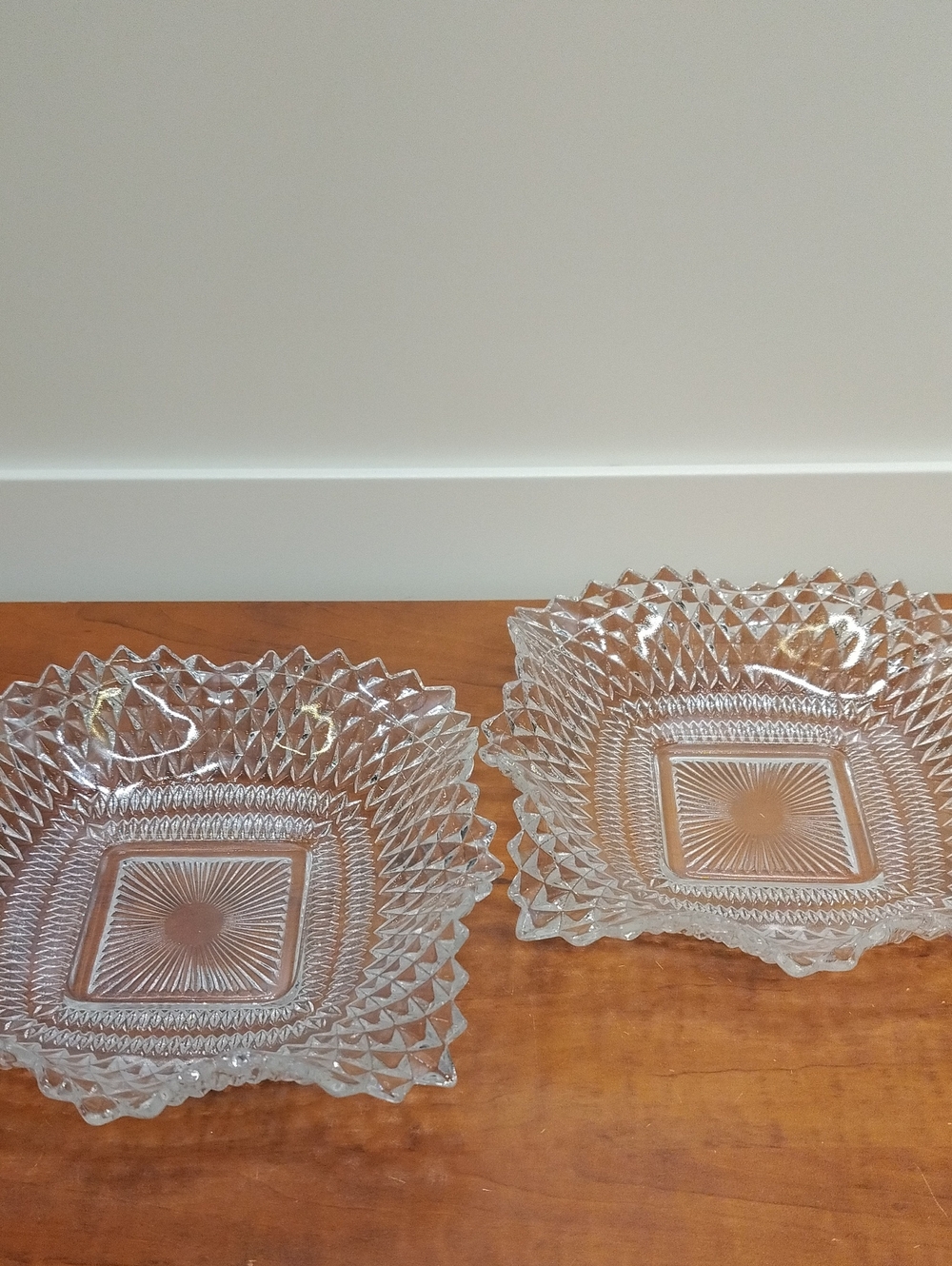 Vintage Indiana Glass Square Diamond Point Candy Nut Dish Ruffle Edge - Set Of 2